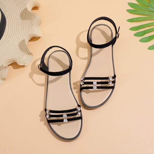

Rhinestone Decor Ankle Strap Sandals, Black