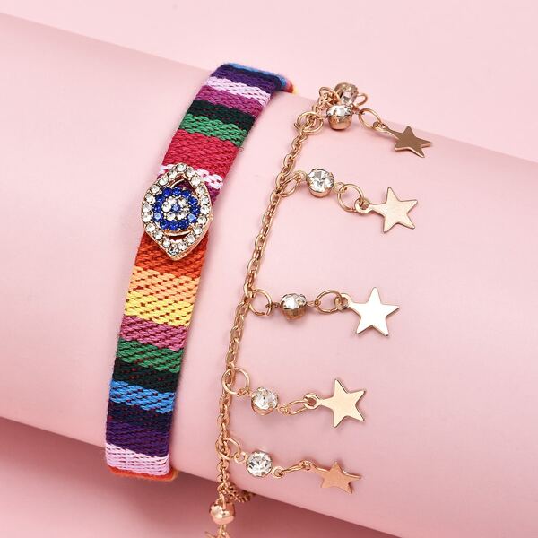 

3pcs Rhinestone Eye Decor Anklet, Multicolor