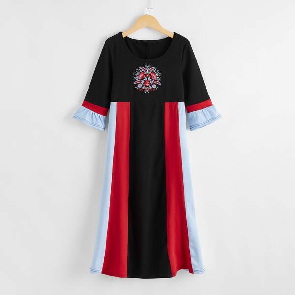 

Girls Color-block Embroidery Flounce Sleeve Dress, Multicolor