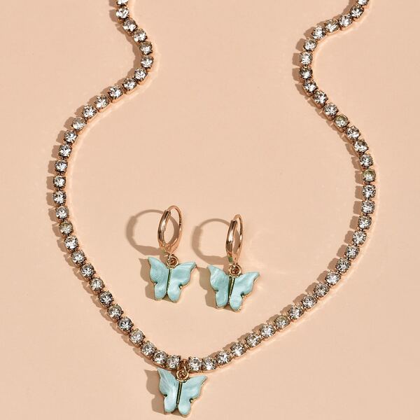 

3pcs Rhinestone Butterfly Decor Jewelry Set, White