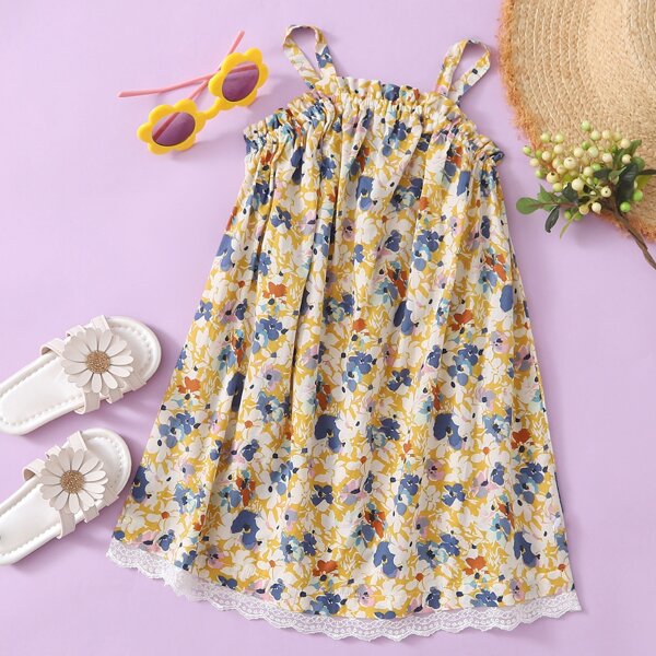 

Toddler Girls Floral Print Contrast Lace Dress, Multicolor