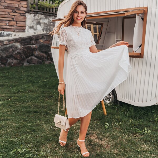 

Simplee Sheer Back Lace Bodice Pleated Dress, White