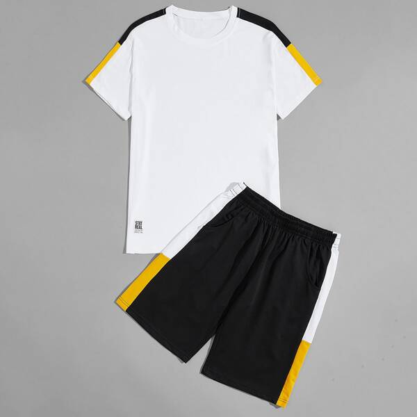 

Men Contrast Panel Tee & Track Shorts, Black and white