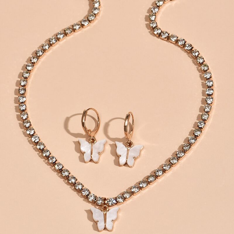 

3pcs Rhinestone Butterfly Decor Jewelry Set, White