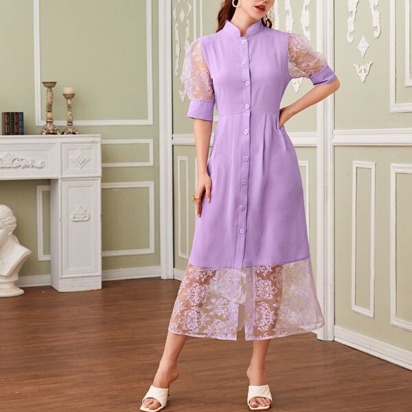 

Mesh Panel Button Front Shirt Dress, Lilac purple