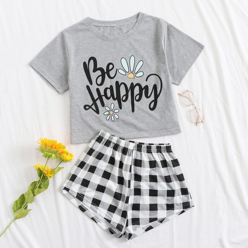 

Slogan Graphic Tee With Buffalo Plaid Shorts PJ Set, Multicolor