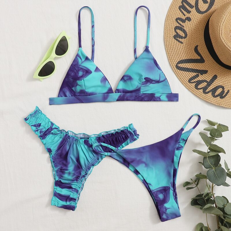 

3pack Tie Dye Frill Trim Triangle Bikini Swimsuit, Multicolor