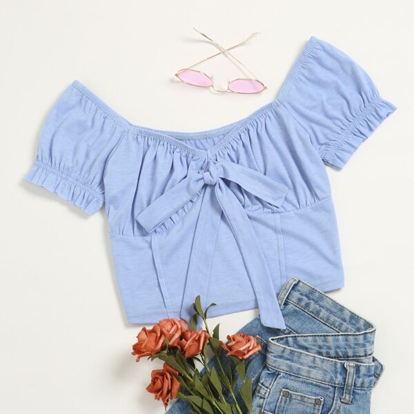 

Ruched Bust Tie Front Crop Top, Baby blue
