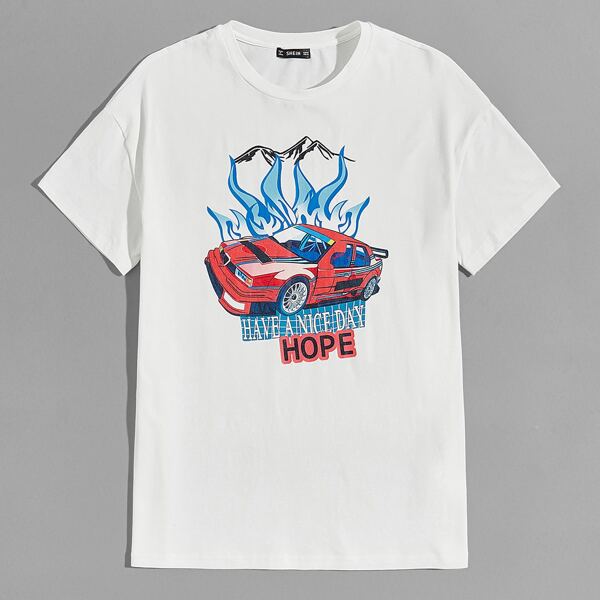 

Men Car and Slogan Print Tee, White