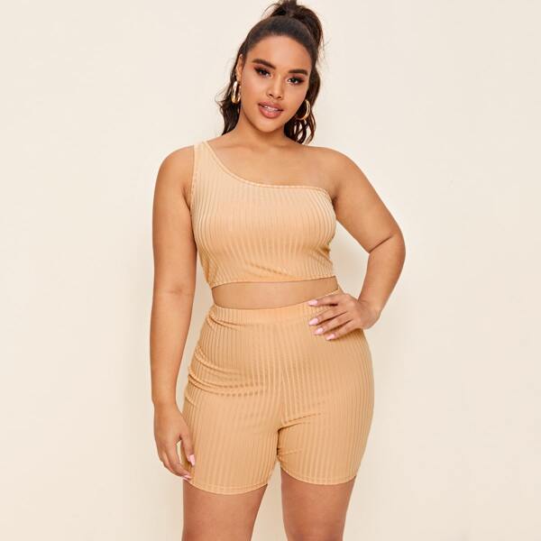 

Plus One Shoulder Rib-knit Crop Top With Biker Shorts, Apricot