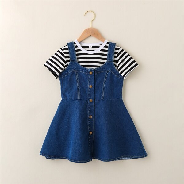 

Girls Stripe Print Tee With Overall Dress, Multicolor