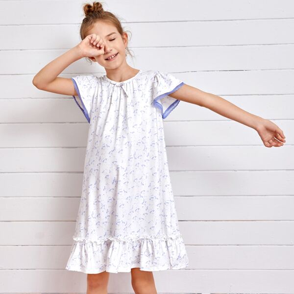 

Girls Bow Front Flounce Hem Nightdress, White