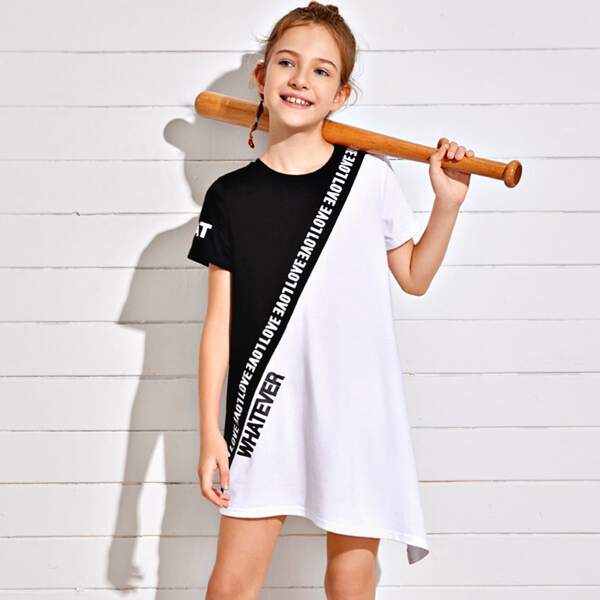 

Girls Letter Print Colorblock Tee Dress, Black and white