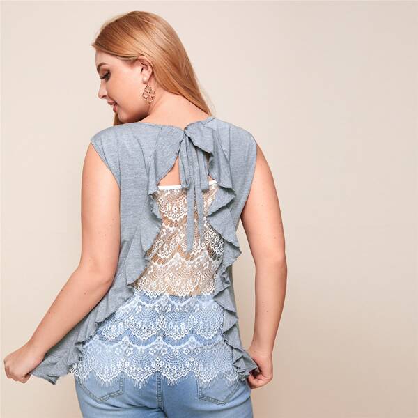

Plus Contrast Lace Back Ruffle Scallop Tank Top, Light grey