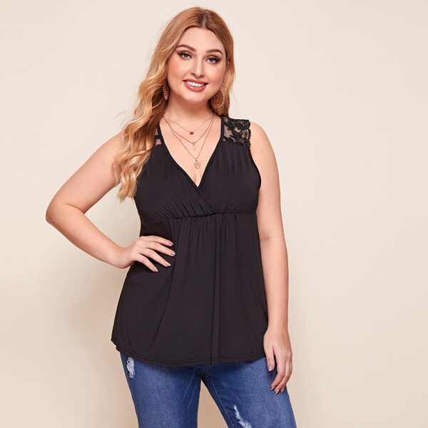

Plus Surplice Neck Contrast Lace Tank Top, Black