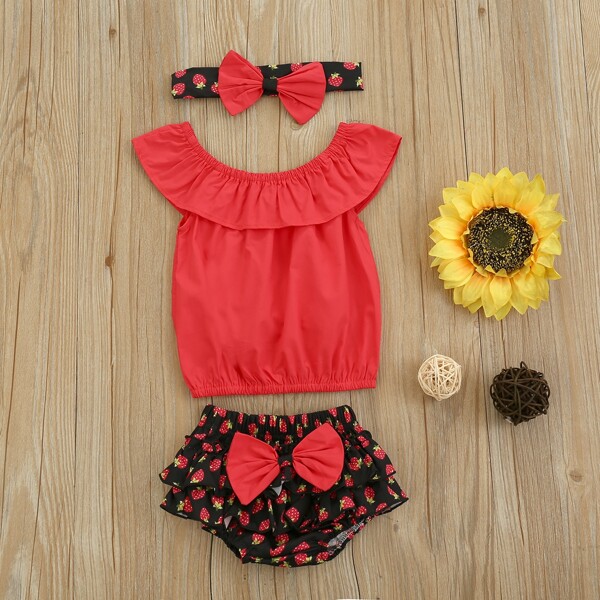 

Baby Girl Foldover Top & Bow Front Strawberry Print Shorts & Headband, Multicolor