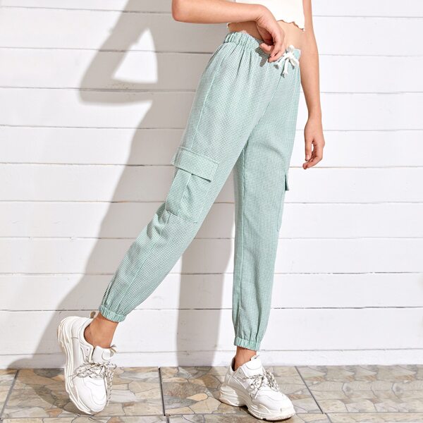 

Girls Buffalo Plaid Flap Pocket Carrot Pants, Mint green