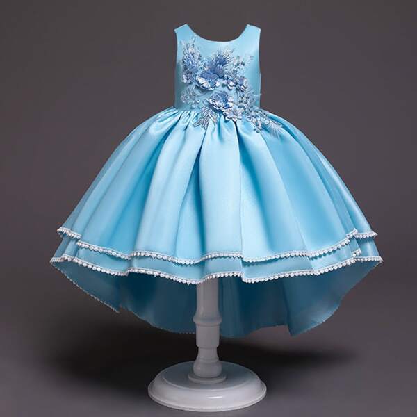 

Girls Appliques Tie Back Layered Gown Dress, Baby blue