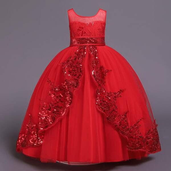 

Girls Contrast Sequin Tie Back Bodice Gown Dress, Red