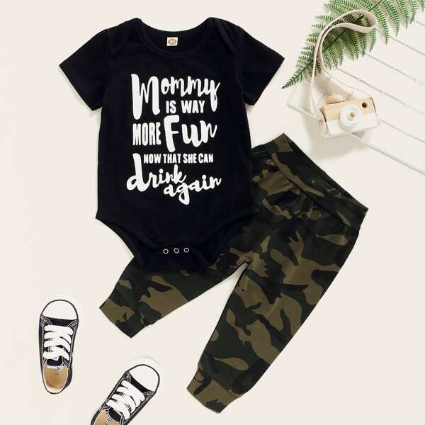 

Baby Boy Slogan Graphic Bodysuit & Camo Pants, Multicolor