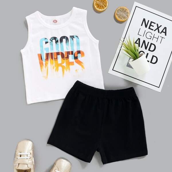 

Baby Boy Letter Graphic Tank Top & Shorts, Black and white