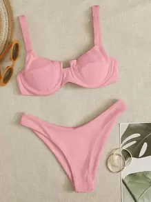 Conjunto De Bikini De Corte Alto Con Aros Y Canalé Summer Beach - Rosa Pálido - Ver 1