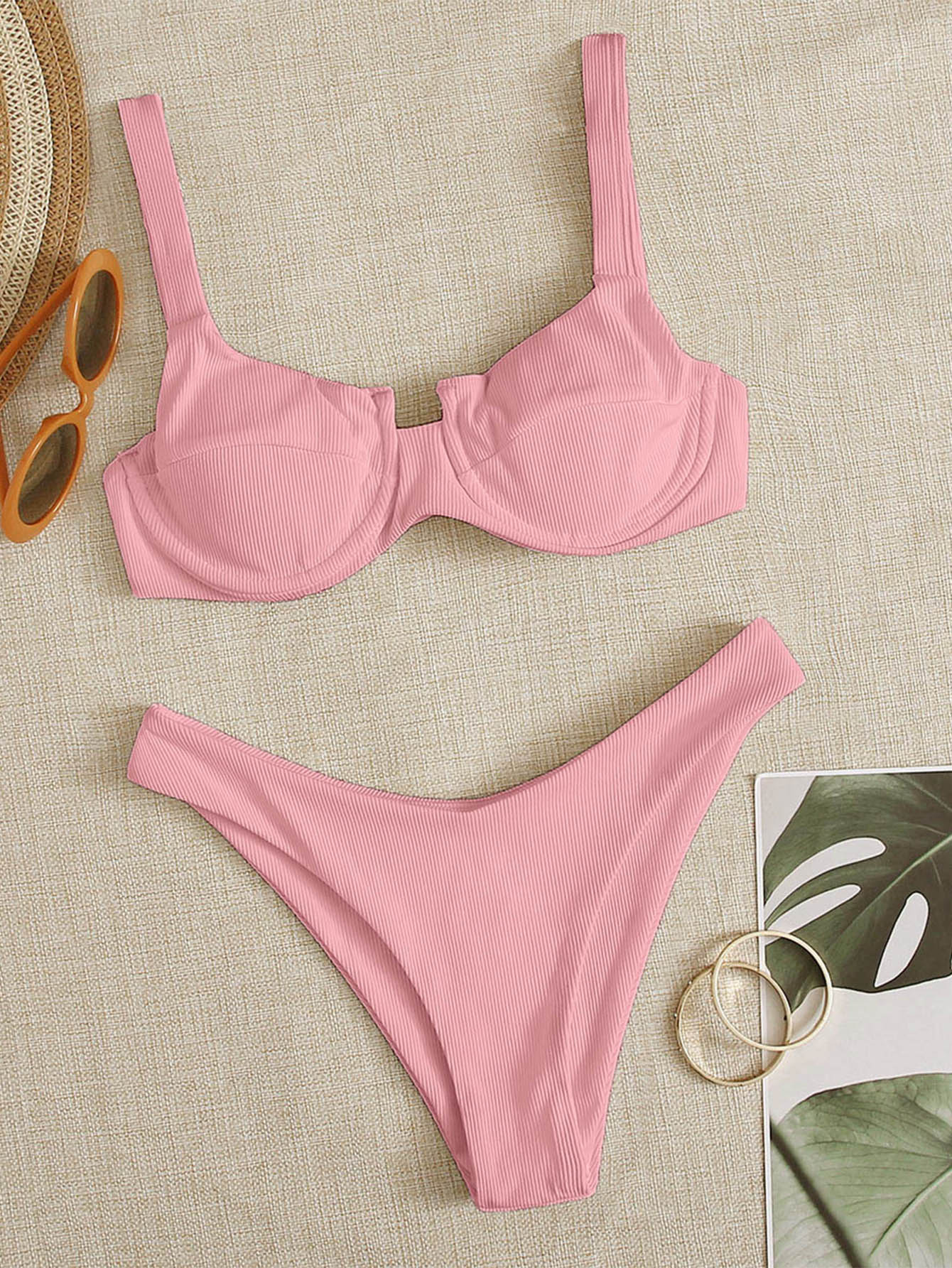 Conjunto De Bikini De Corte Alto Con Aros Y Canalé Summer Beach - Rosa Pálido - Ver 1