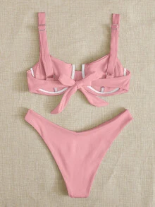 Conjunto De Bikini De Corte Alto Con Aros Y Canalé Summer Beach - Rosa Pálido - Ver 2