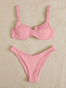 Conjunto De Bikini De Corte Alto Con Aros Y Canalé Summer Beach - Rosa Pálido - Ver 3