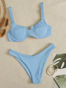 Conjunto de bikini con costilla de aro y corte alto para playa de verano - Celeste - Ver 1