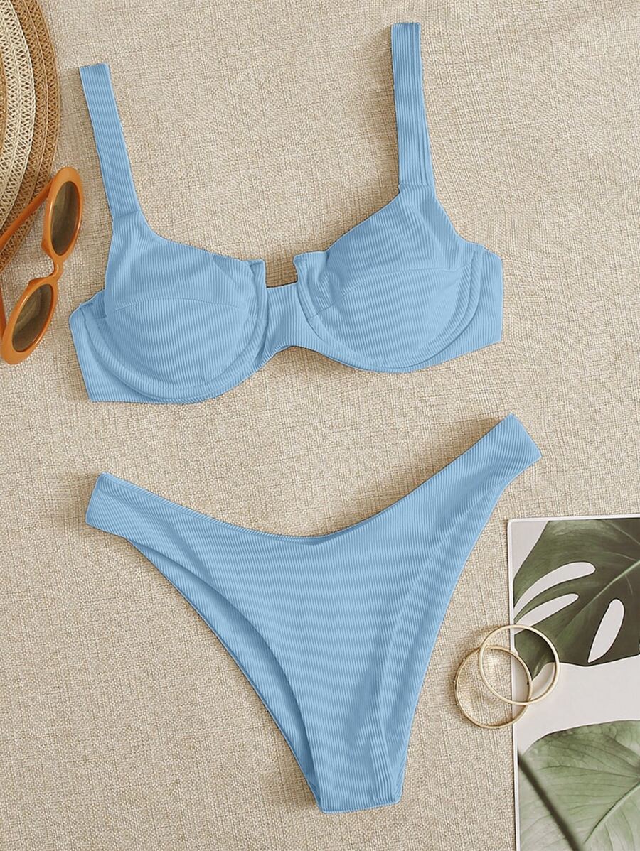 Conjunto de bikini con costilla de aro y corte alto para playa de verano - Celeste - Ver 1