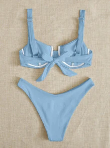 Conjunto de bikini con costilla de aro y corte alto para playa de verano - Celeste - Ver 2