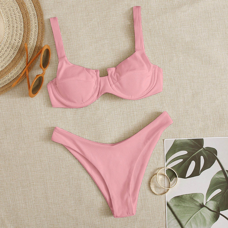 

Rib Underwire High Cut Bikini Swimsuit, Pastel baby pink