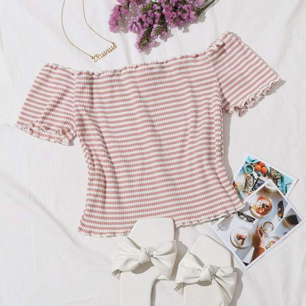 

Off Shoulder Lettuce Trim Striped Top, Multicolor