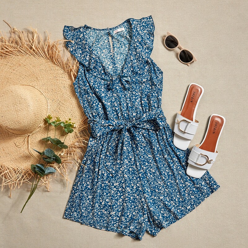 

Ditsy Floral Ruffle Belted Romper, Blue