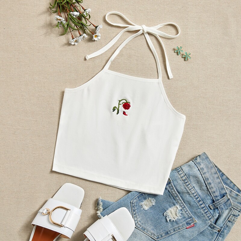 

Embroidery Floral Halter Top, White