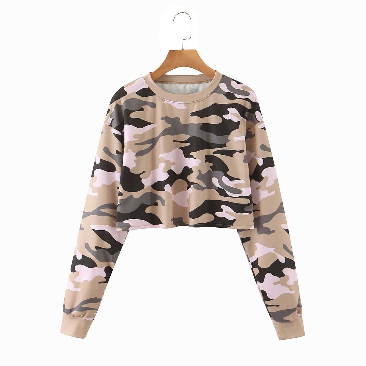 

Camo Print Drop Shoulder Crop Sweatshirt, Multicolor