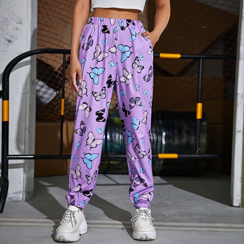 

Elastic Waist Allover Butterfly Print Sweatpants, Lilac purple
