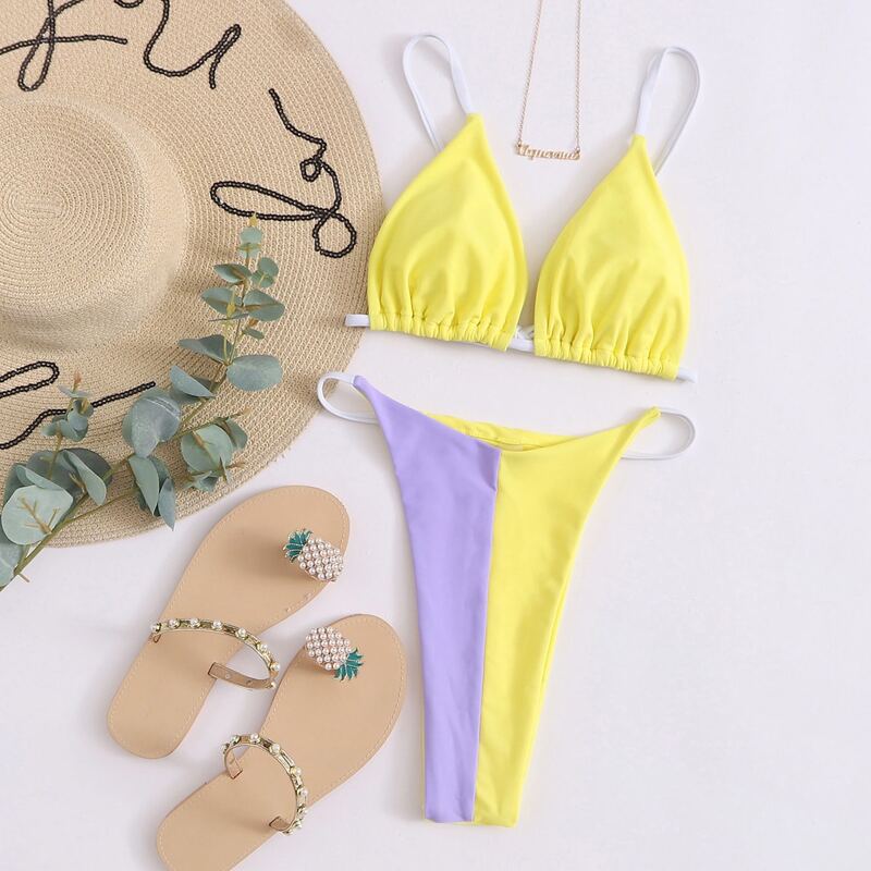 

Two Tone Triangle High Cut Bikini Swimsuit, Yellow bright