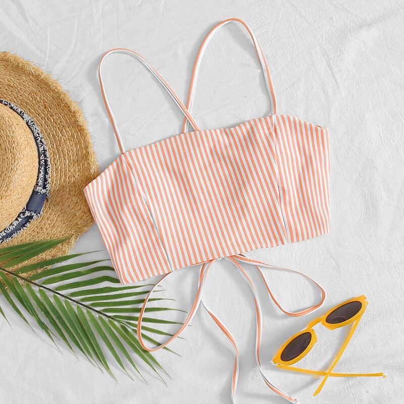 

Striped Lace-up Back Bikini Top, Coral orange