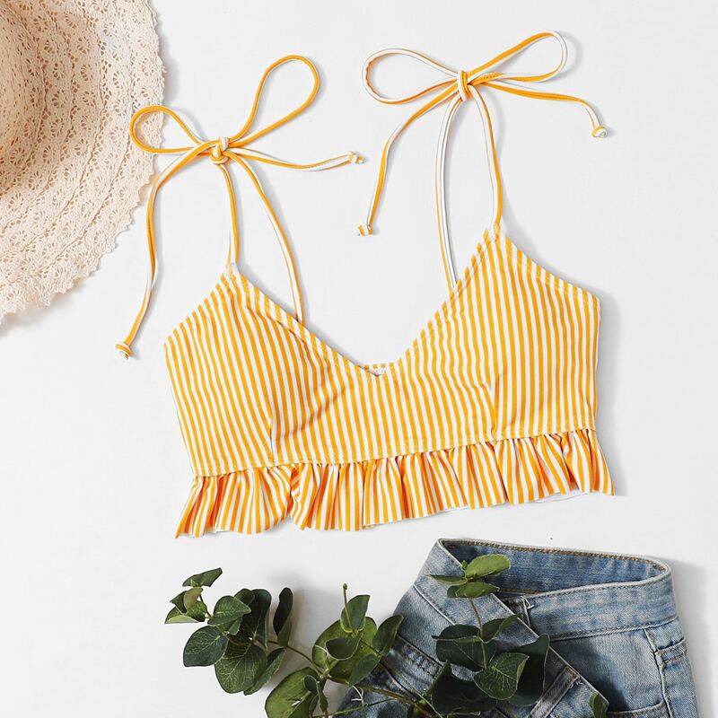 

Striped Lace-up Back Bikini Top, Orange