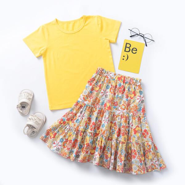 

Toddler Girls Tee With Floral Ruffle Hem Skirt, Multicolor