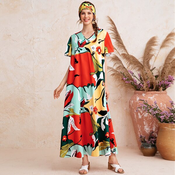 

Plants Print V-neck Tunic Dress, Multicolor