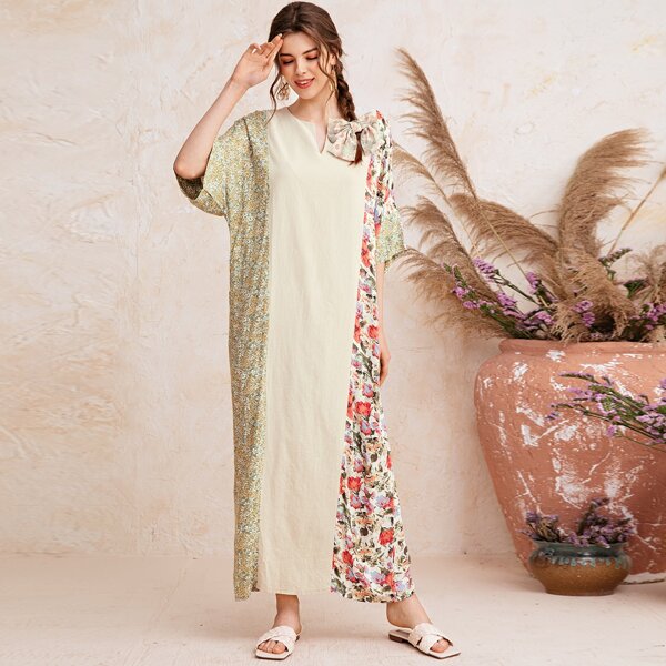 

Floral Colorblock Notched Neck Dress, Beige
