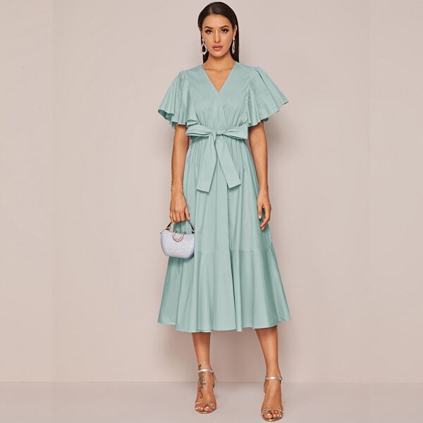 

Surplice Neck Butterfly Sleeve Belted Dress, Mint green