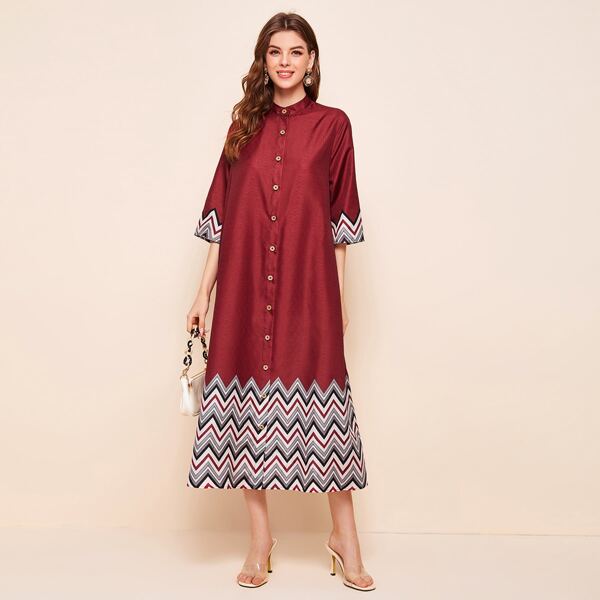 

Chevron Print Button Front Dress, Burgundy