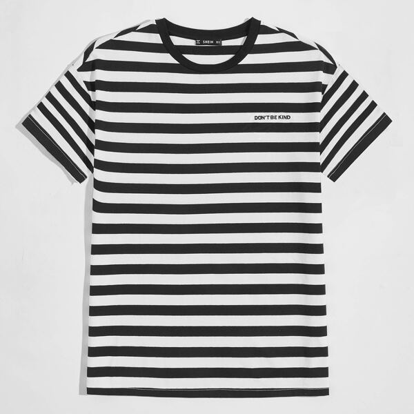 

Men Slogan Embroidered Striped Tee, Black and white