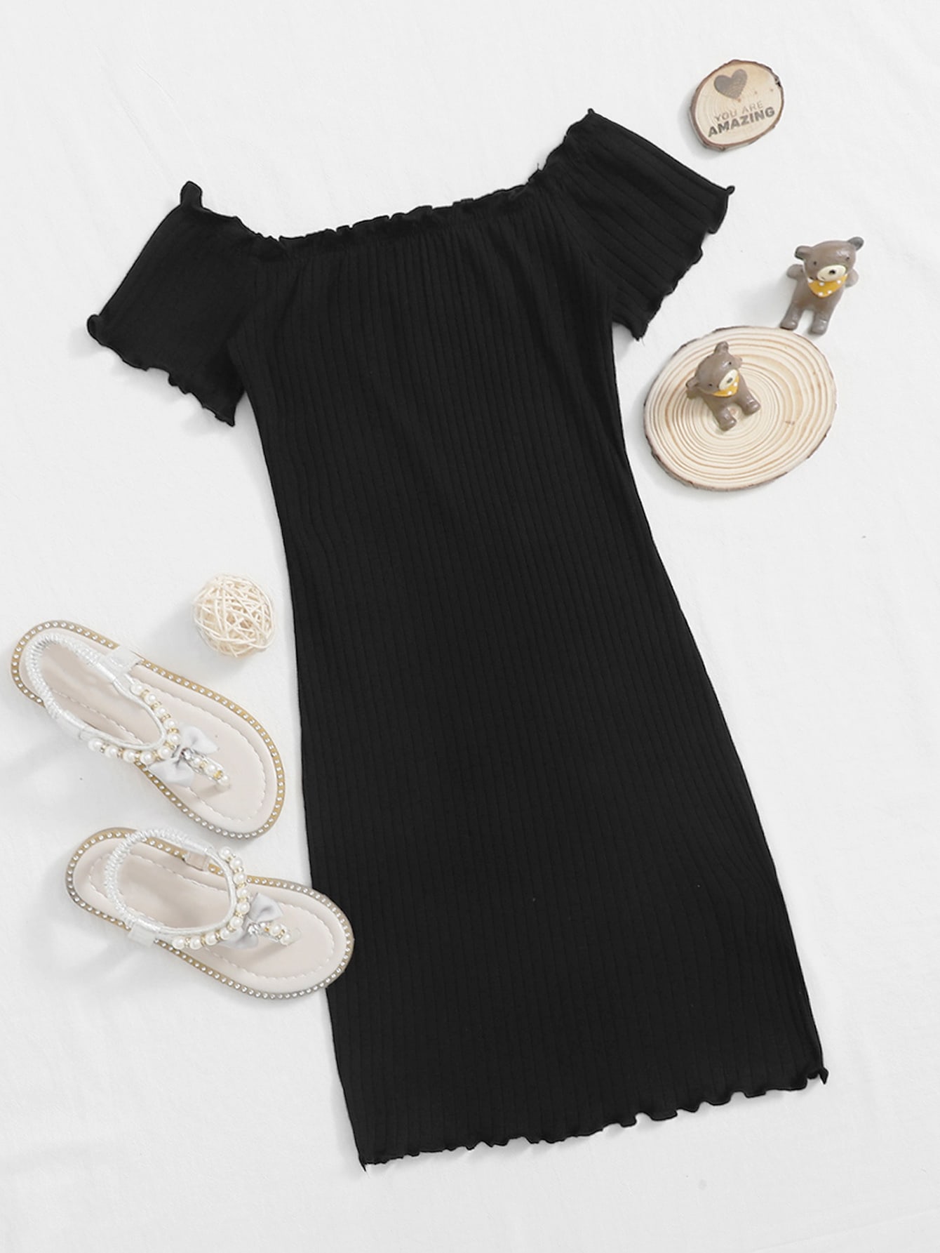 SHEIN Girls Ribbed Lettuce-Edge Dress 