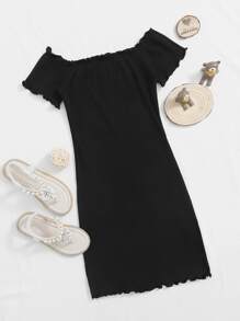 SHEIN Tween Girl Ribbed Lettuce-Edge Dress - Black - View 1