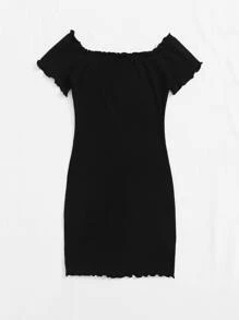 SHEIN Tween Girl Ribbed Lettuce-Edge Dress - Black - View 2